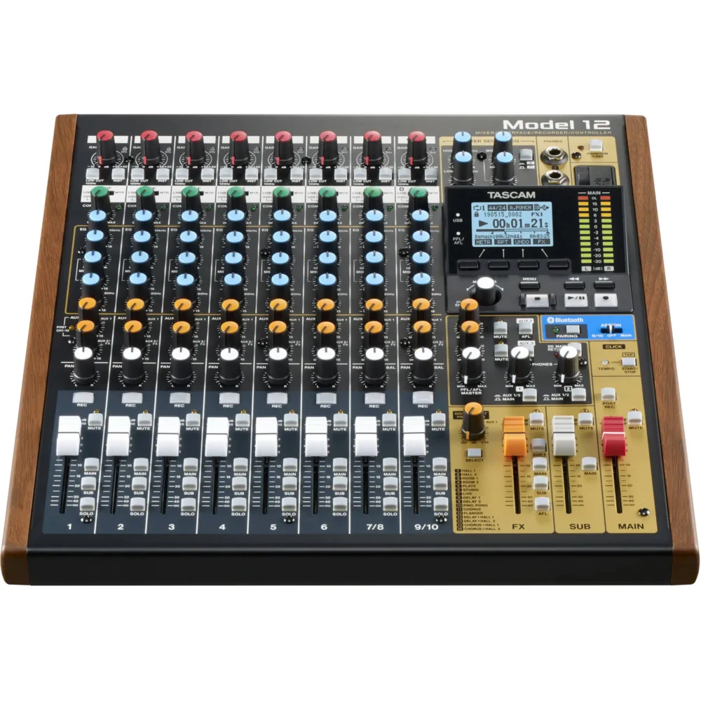 TASCAM Model 12, hibridni mikser, DAW kontroler, SD rekorder, USB interfejs, MIDI mikser, podcast mikseta, Tascam Model. Prodaja u Artist d.o.o. prodavnicama Banja Luka, Sarajevo.