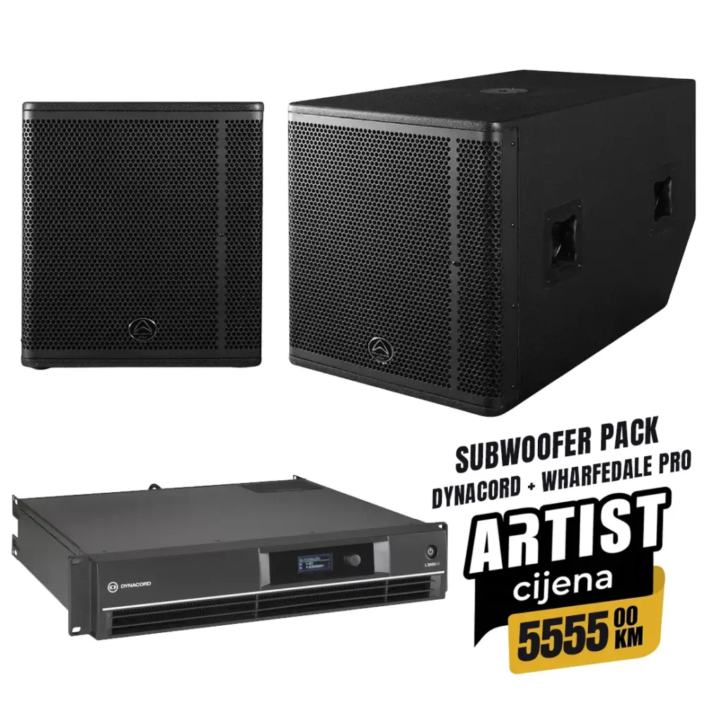 Profesionalni razglas set: par Wharfedale Pro FOCUS 18S subwoofera snage 1000W RMS i Dynacord L3600FD DSP Class-AB pojačalo snage 2x1800W. Moćan razglasni paket. Prodaja u Artist d.o.o. prodavnicama Banja Luka, Sarajevo.