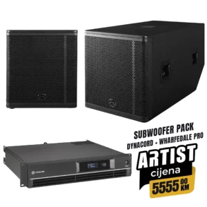 Profesionalni razglas set: par Wharfedale Pro FOCUS 18S subwoofera snage 1000W RMS i Dynacord L3600FD DSP Class-AB pojačalo snage 2x1800W. Moćan razglasni paket. Prodaja u Artist d.o.o. prodavnicama Banja Luka, Sarajevo.