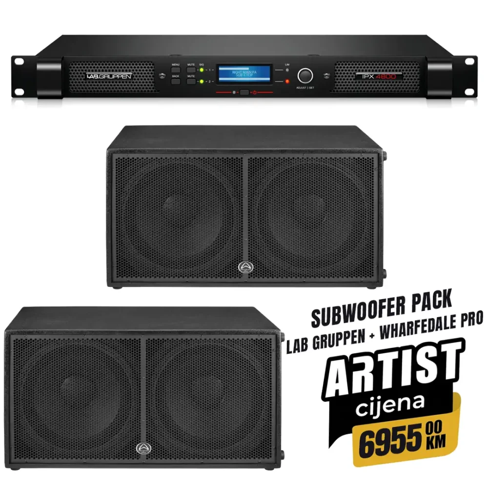 Profesionalni audio paket: dva Wharfedale Pro WLA-218SUB dual 18" subwoofera od 1600W RMS i Lab.Gruppen IPX 4800 DSP dvokanalno pojačalo snage 4800W. Razglas visokog učinka. Prodaja u Artist d.o.o. prodavnicama Banja Luka, Sarajevo.