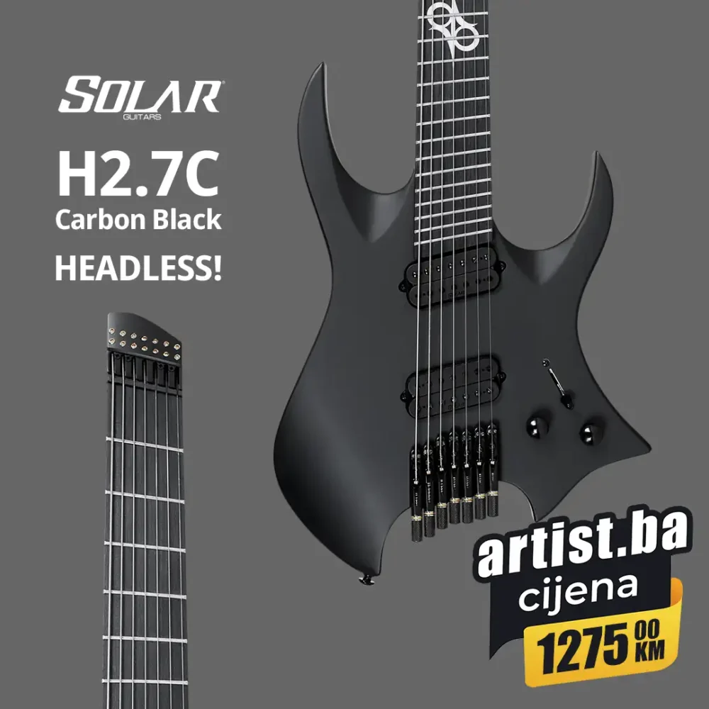 Solar Guitars H2.7C Carbon Black električna gitara sa sedam žica headless gitara multiskejl gitara gitara bez glave gitara za putovanja metal gitara. Prodaja u Artist d.o.o. prodavnicama Banja Luka, Sarajevo.
